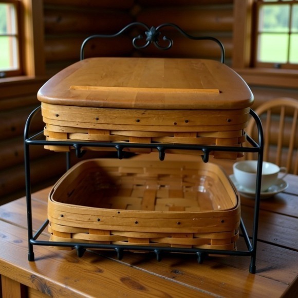 Longaberger Wrought Iron 2 Tier Double Basket Stand with Wood Baskets and Lid